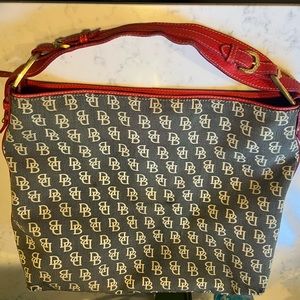 DOONEY & BOURKE Vintage Signature Logo Hobo Bag, black/ tan & red leather trim!